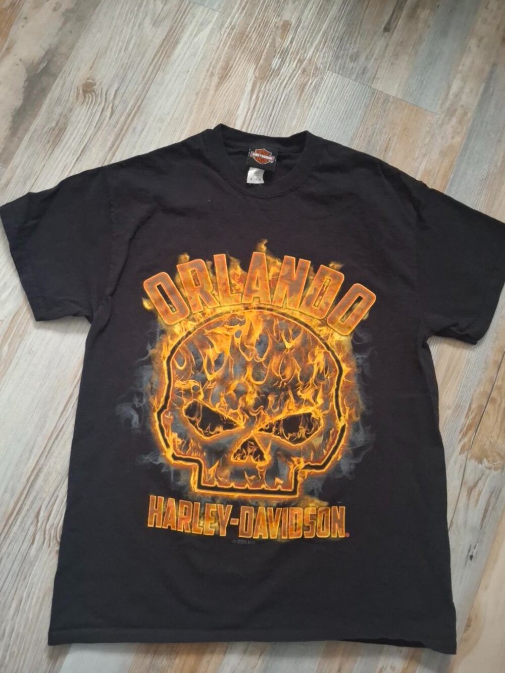 Harley Davidson Orlando FL Skull Flaming Skull Black Tee Shirt Medium